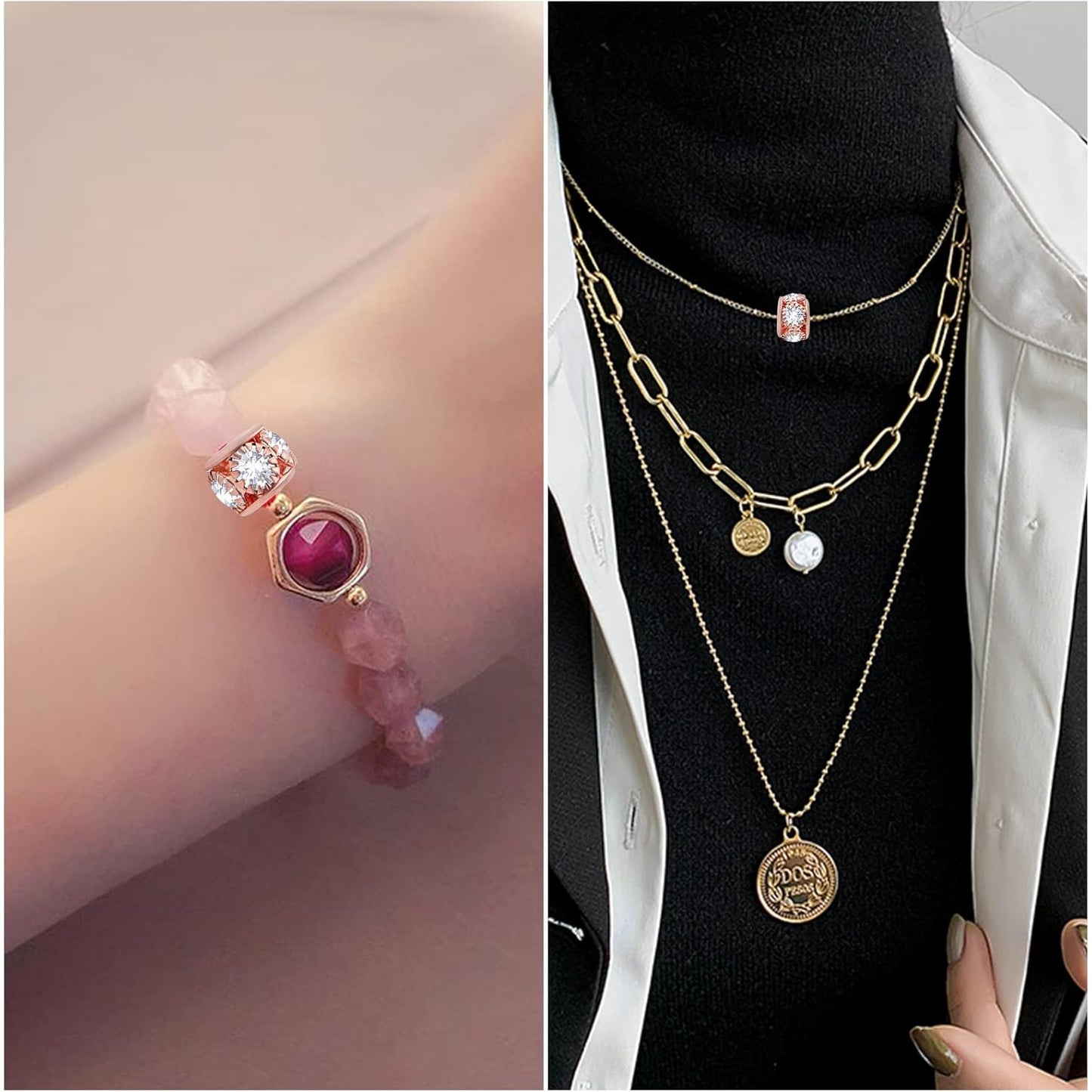 40pcs Rose Golden Crystal Rhinestone Spacer Beads European Large Hole Rondelle Beads for DIY Bracelet Snake Chain Jewelry Making Handmade Decor, Hole: 6.5 mm