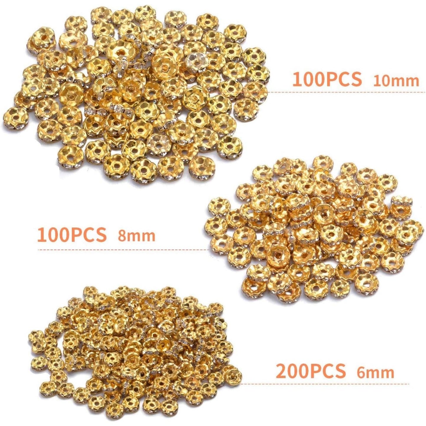 400pcs 3 Sizes Crystal Spacer Beads Loose Round Rhinestone Beads Rondelle for Bracelets Necklaces Jewelry Making,6mm/8mm/10mm,Gold