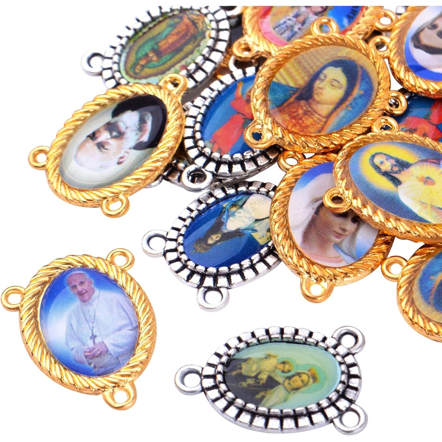 20pcs Mixed Pictures Oval Virgin Mary Miraculous Medal Floral Rosary Centerpiece Alloy Jesus Crucifix Cross Pendants Charms Connectors for DIY Jewelry Making, Gold, Silver