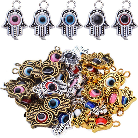 30pcs Hamsa Hand Charms Evil Eye Bead of Fatima Symbol Pendants Hamsa Hand Beads Frame Charms for DIY Necklace Bracelet Earrings Crafts Jewelry Making Findings, 3 Colors