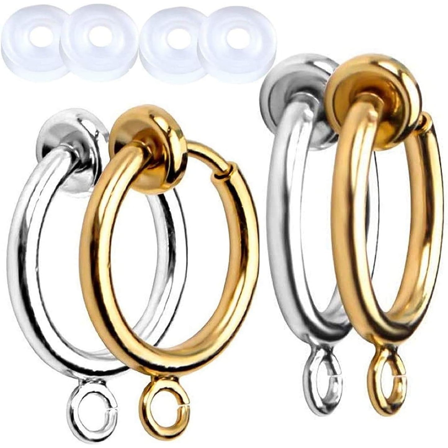 16pcs Brass Clip-on Hoop Earring Converters Round Dangle Ear Clips Classic Earring Findings with Open Loop for Non-Pierced Ears Jewelry Making, Bright Silver