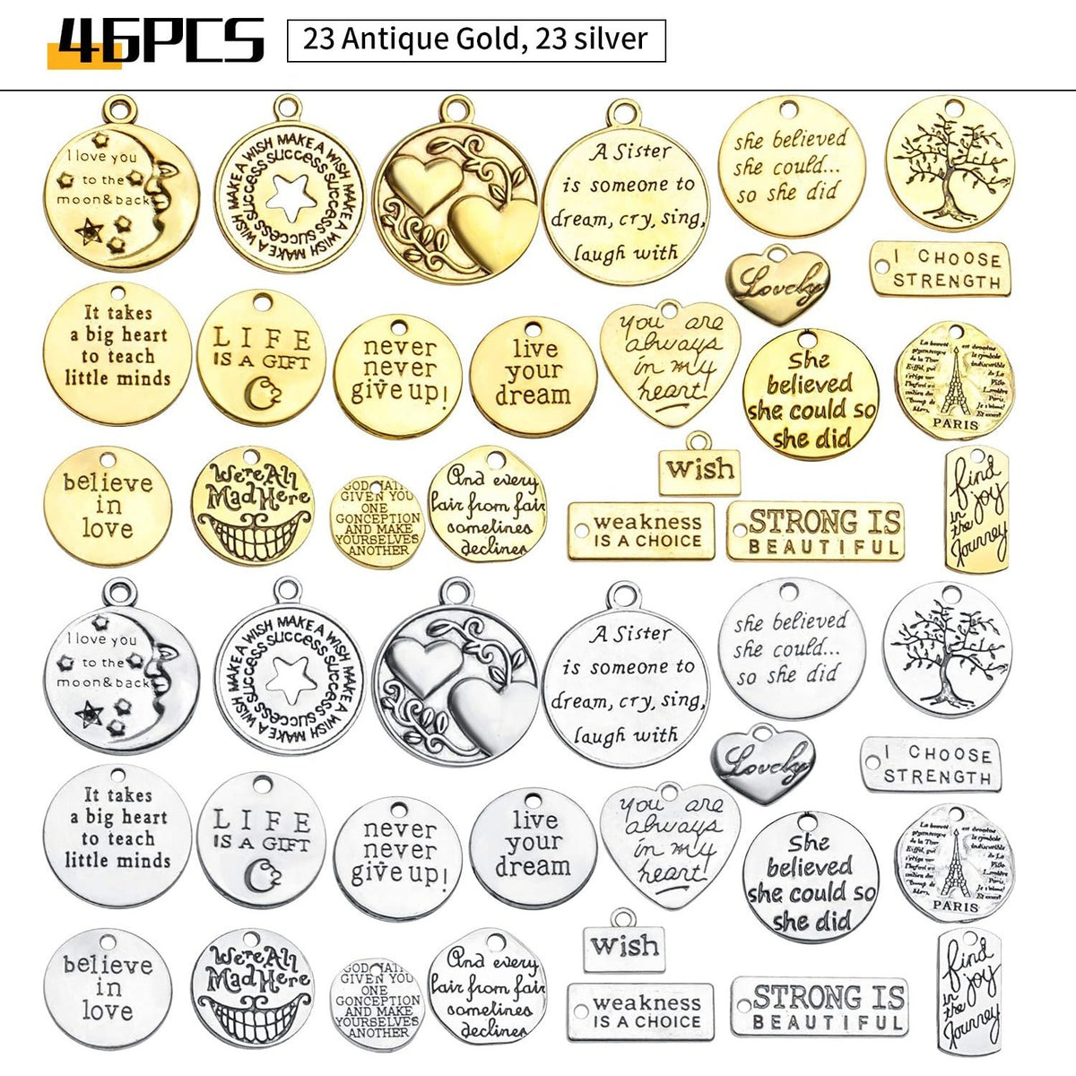 Words Pendant Charms, 46pcs Inspirational Words Charms Alloy Message Bead Pendants Accessory for DIY Necklace Bracelet Jewelry Making Crafting, Antique Golden and Silver