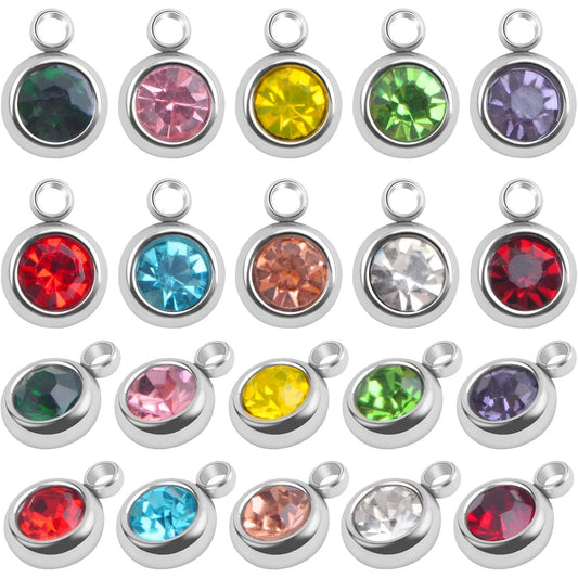 30pcs 6 mm Stainless Steel Crystal Birthstone Charms Mini Round Rhinestone Birthstone Bead Handmade Pendant with Rings for Necklace Earrings Jewelry Making Supplies, 10 Colors