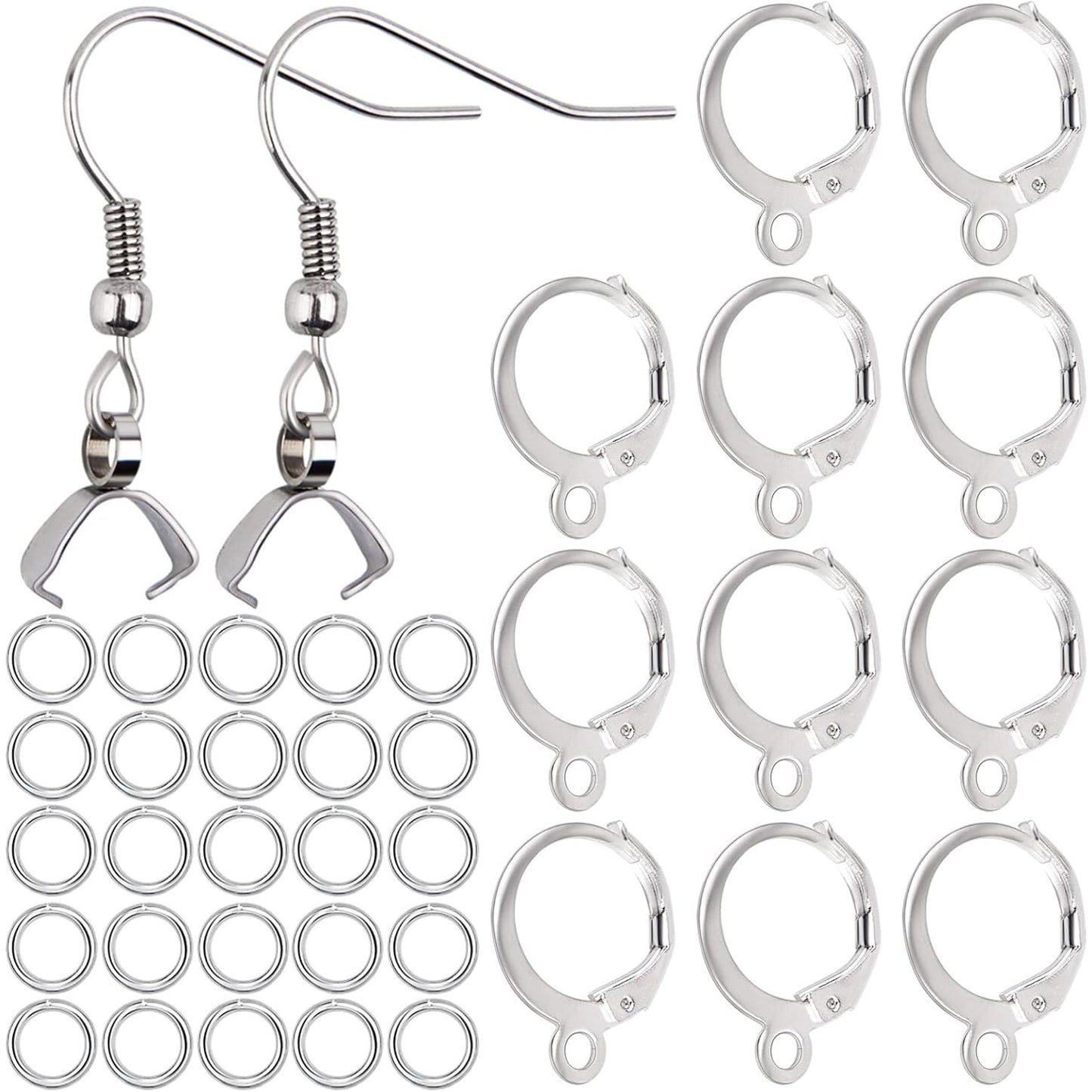 60pcs Stainless Steel French Ear Wire Fish Hooks Hypoallergenic Round Leverback Earring Hooks Findings and 100pcs Jump Rings for DIY Dangle Earring Jewelry Making, Silver