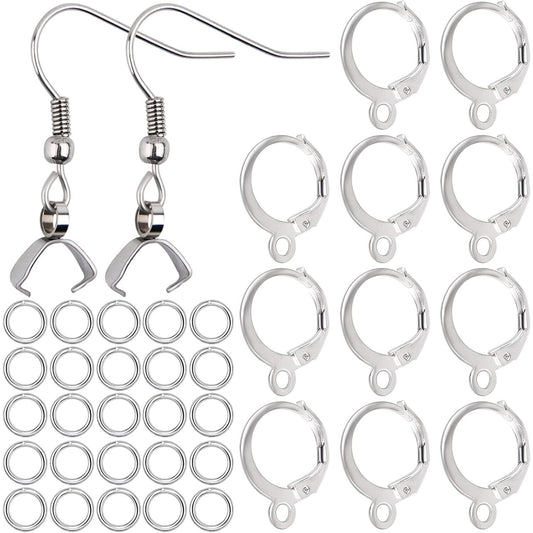 60pcs Stainless Steel French Ear Wire Fish Hooks Hypoallergenic Round Leverback Earring Hooks Findings and 100pcs Jump Rings for DIY Dangle Earring Jewelry Making, Silver