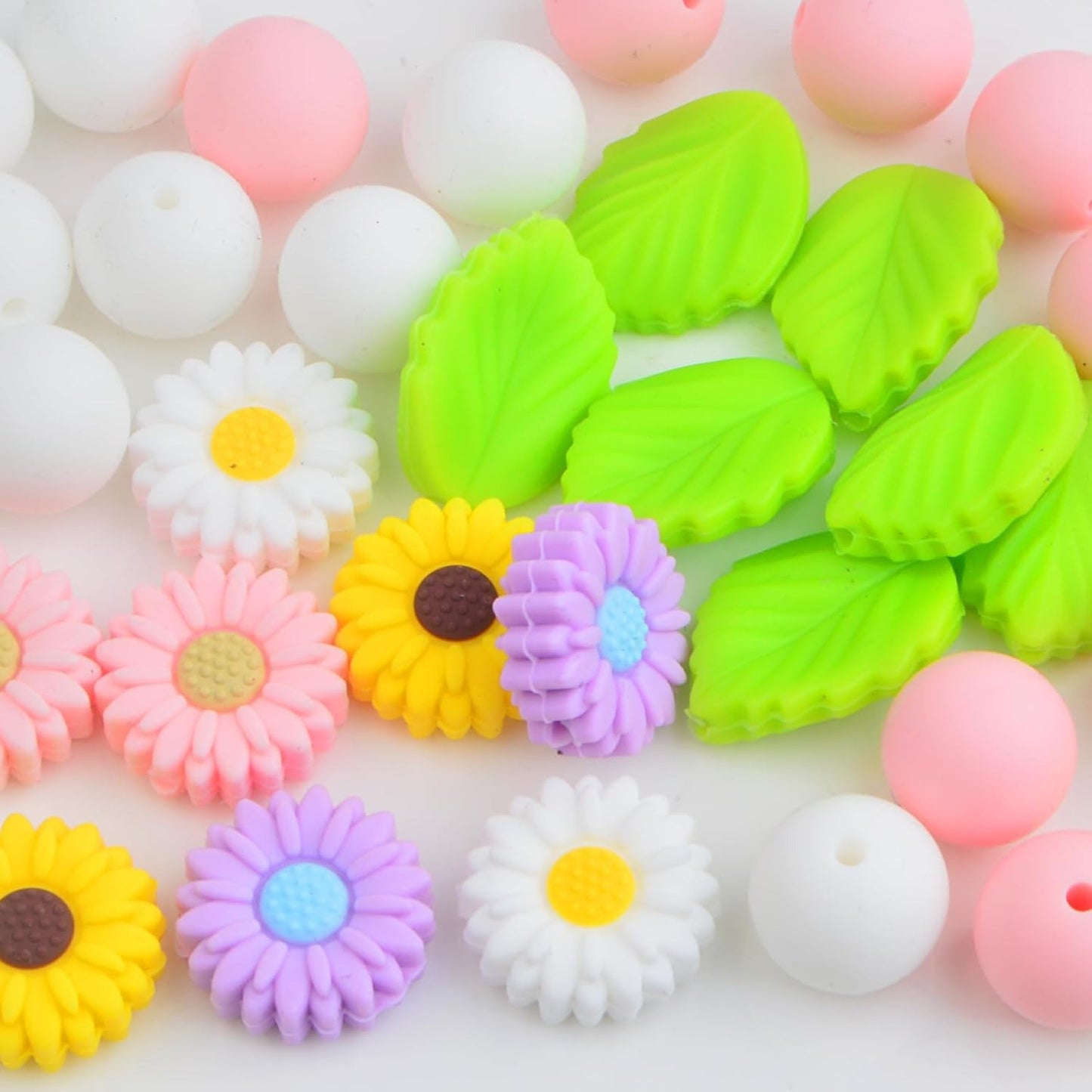 36Pcs Daisy Silicone Beads Leaf Flower Focal Loose Round Spacer Beads Bulk for Summer Necklaces Bracelets Keychain DIY Jewelry Making Crafts