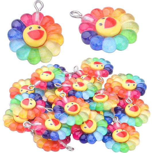 20pcs Smiley Face Sunflower Charms Pendants Resin Rainbow Flower Charms Jewelry Making Accessories for DIY Earrings Necklace Bracelet Keychains Craft Supplies, 28 mm x 22 mm