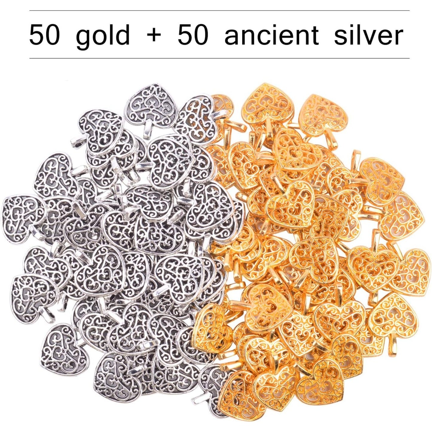 100 Pieces Heart Charms Pendants Metal Beads for Jewelry Making Bracelet Necklace,Antique Silver and Gold