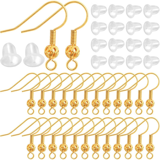 30pcs Golden Hypoallergenic Earring Fish Hooks Brass French Hollow Flower Ball Earwire Hooks and 30pcs Clear Earring Safety Backs for DIY Earrings Jewelry Making Supplies
