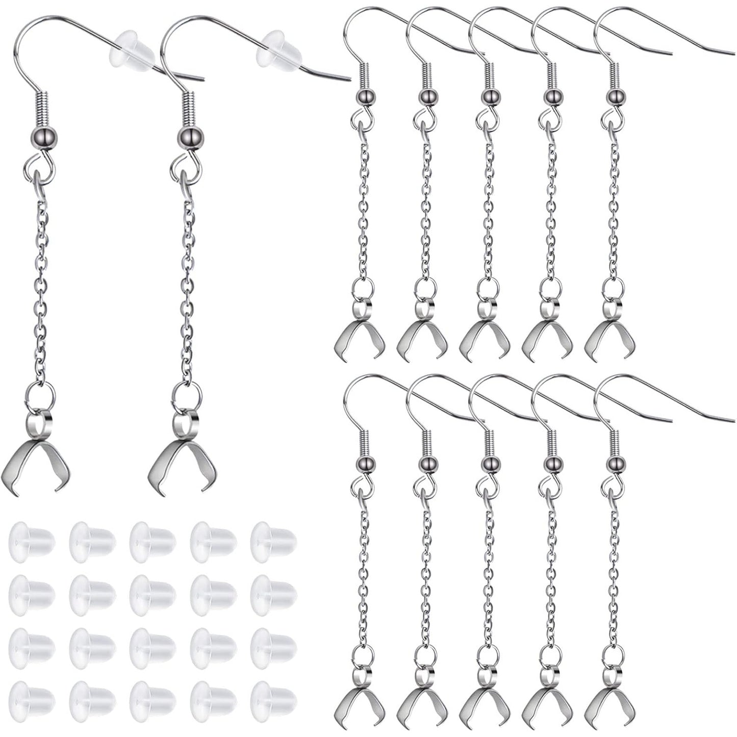10pcs Stainless Steel Earring Hooks Hypoallergenic French Earring Fish Hooks with Beaded Chains and Pinch Bails, 20pcs Clear Earring Backs for DIY Jewelry Making Supplies