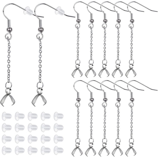 10pcs Stainless Steel Earring Hooks Hypoallergenic French Earring Fish Hooks with Beaded Chains and Pinch Bails, 20pcs Clear Earring Backs for DIY Jewelry Making Supplies