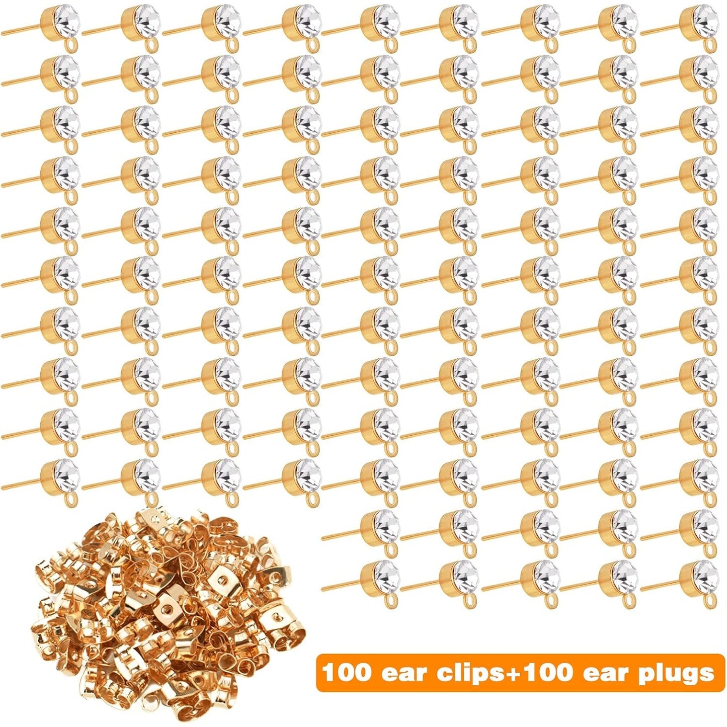 100pcs 5mm Rhinestone Earring Studs Hypoallergenic Earrings Posts with Loop and 100pcs Butterfly Earring Backs for DIY Earring Jewelry Making Supplies
