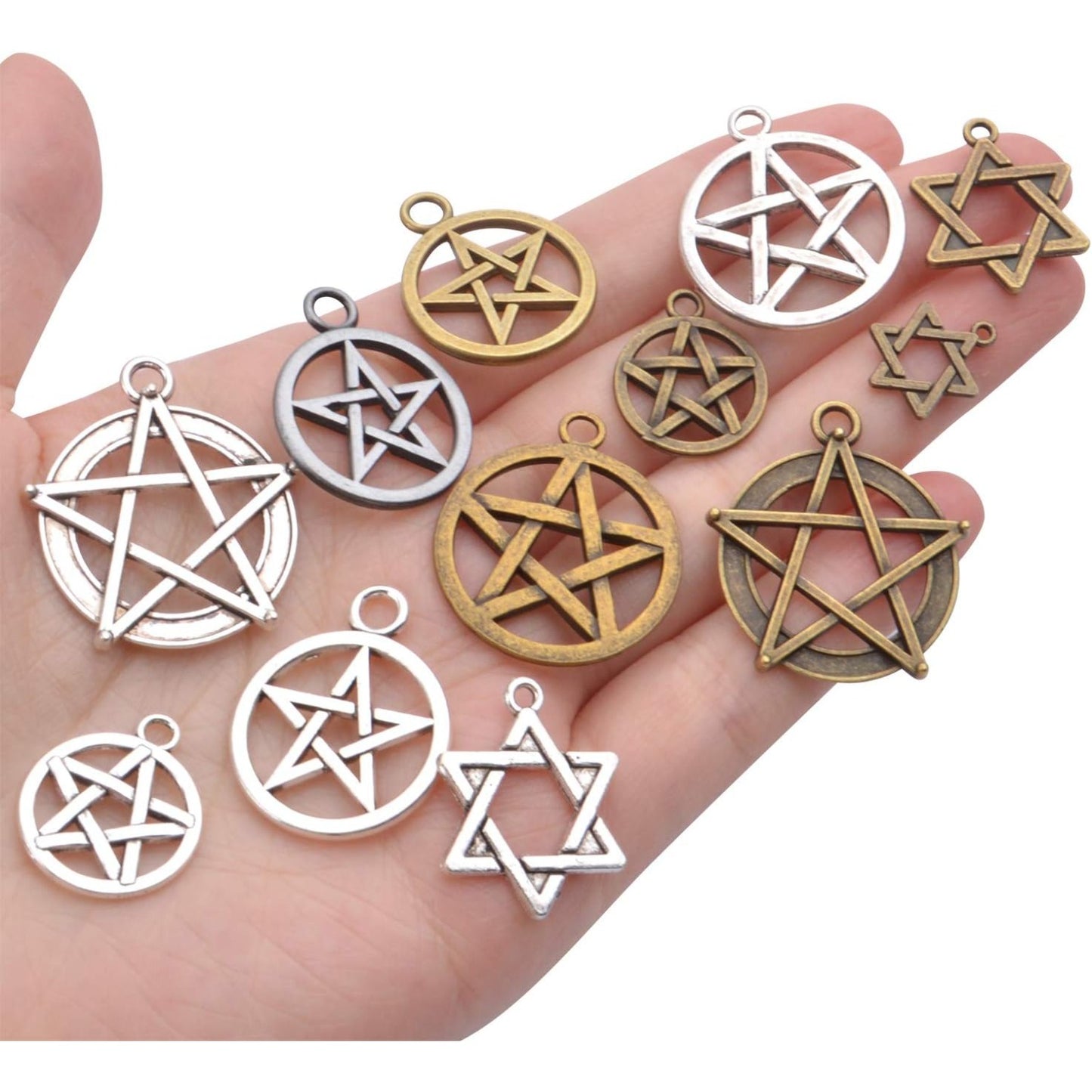 48pcs Mixed Pentagram Charms Round Star Pentacle Pendants Antique Jewelry Accessories for Necklace Bracelet Crafting