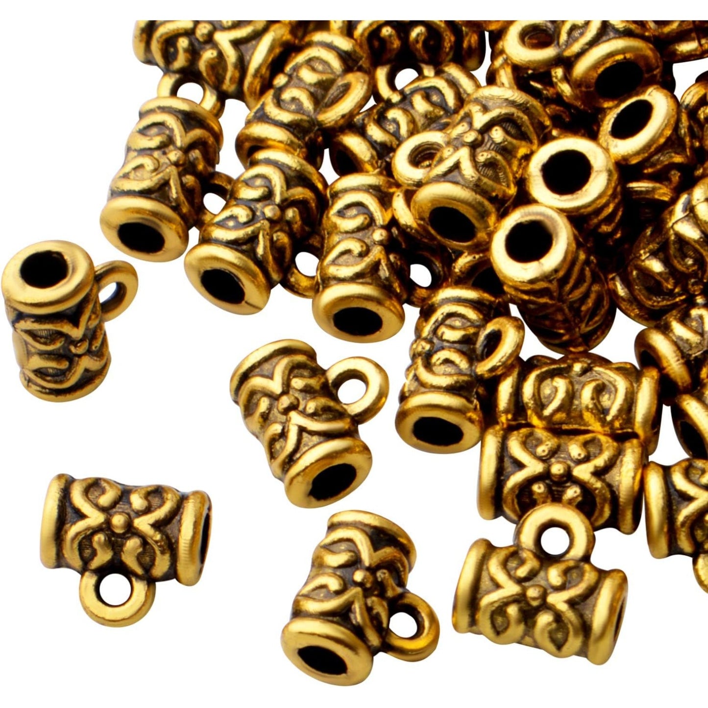 Bail Beads,200pcs Antique Gold Bail Tube Beads Tibetan Alloy Tube Spacer Bead with Charm Loop Hanger Connector Links for DIY Bracelet Necklace Pendant Jewelry Making Findings
