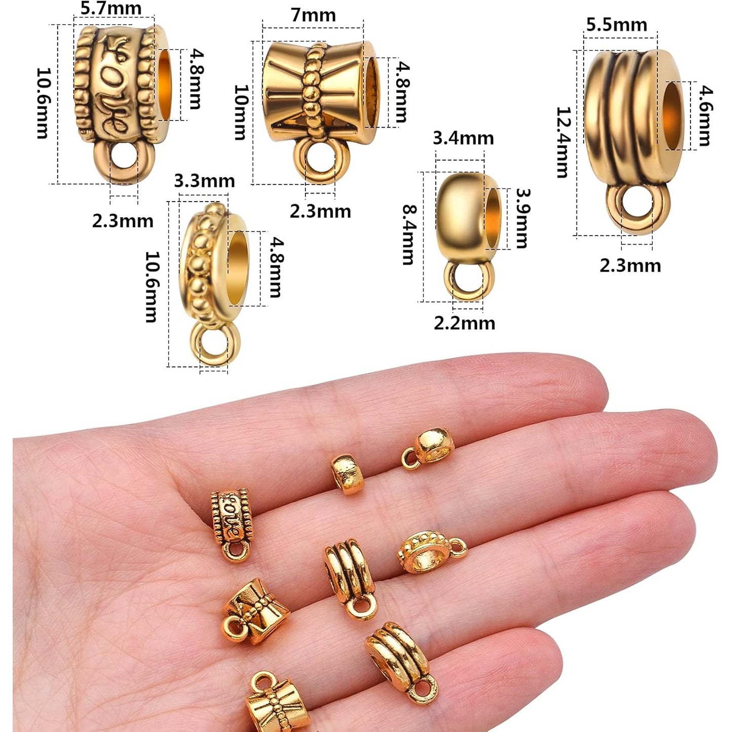 100g Antique Gold Bail Tube Beads Bail Beads Spacer Beads Tibetan Bead Hanger Charms Connector Links for DIY European Charm Bracelet Jewelry Crafts Making, 5 Styles