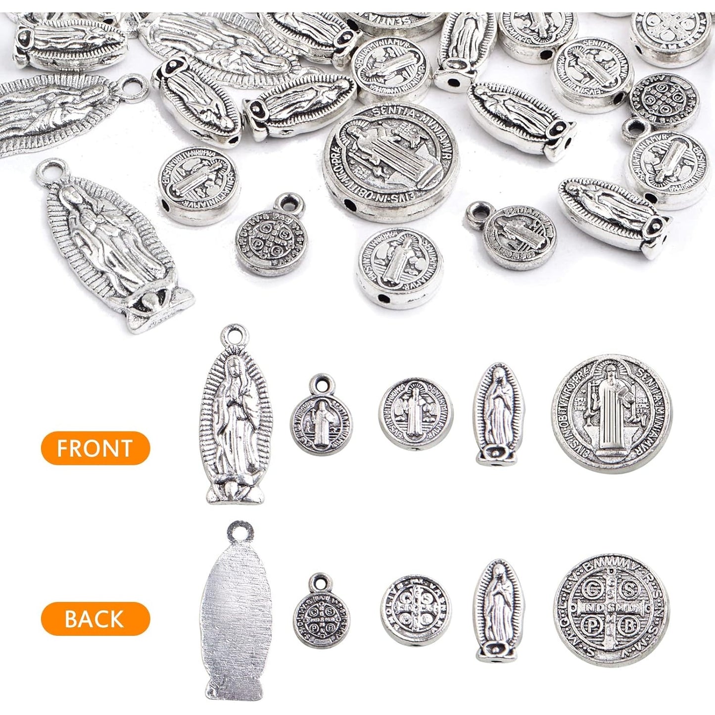 50pcs Antique Silver Mixed Jesus Virgin Mary Religious Benedict Medallion Spacer Beads and Pendant Charms for DIY Rosary Necklace Bracelet Jewelry Making, 5 Styles
