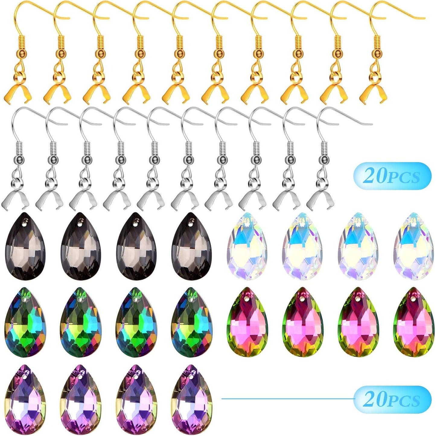 20pcs Hypoallergenic Earring Hooks Stainless Steel French Earwire Ear Ball Hooks with Pinch Bail Clasps and 20pcs Colorful Teardrop Crystal Pendants for DIY Earring Jewelry Making