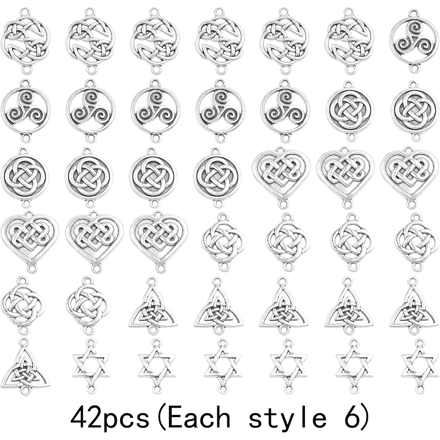 42pcs Celtic Knot Charms Irish Traditional Pendants Tibetan Alloy Flower Triangle Heart Knot Links Good Luck Chinese Knot Connectors for DIY Jewelry Making Bracelet, 7 Styles,Antique Silver