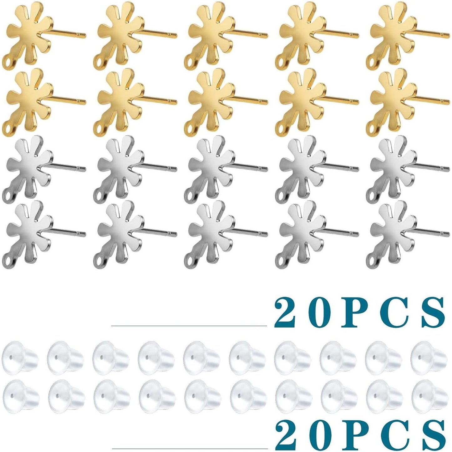 20pcs Stainless Steel Snowflake Earring Posts with Loops Hypoallergenic Stud Earrings with 20pcs Clear Earring Safety Backs for DIY Jewelry Making Findings, 2 Colors