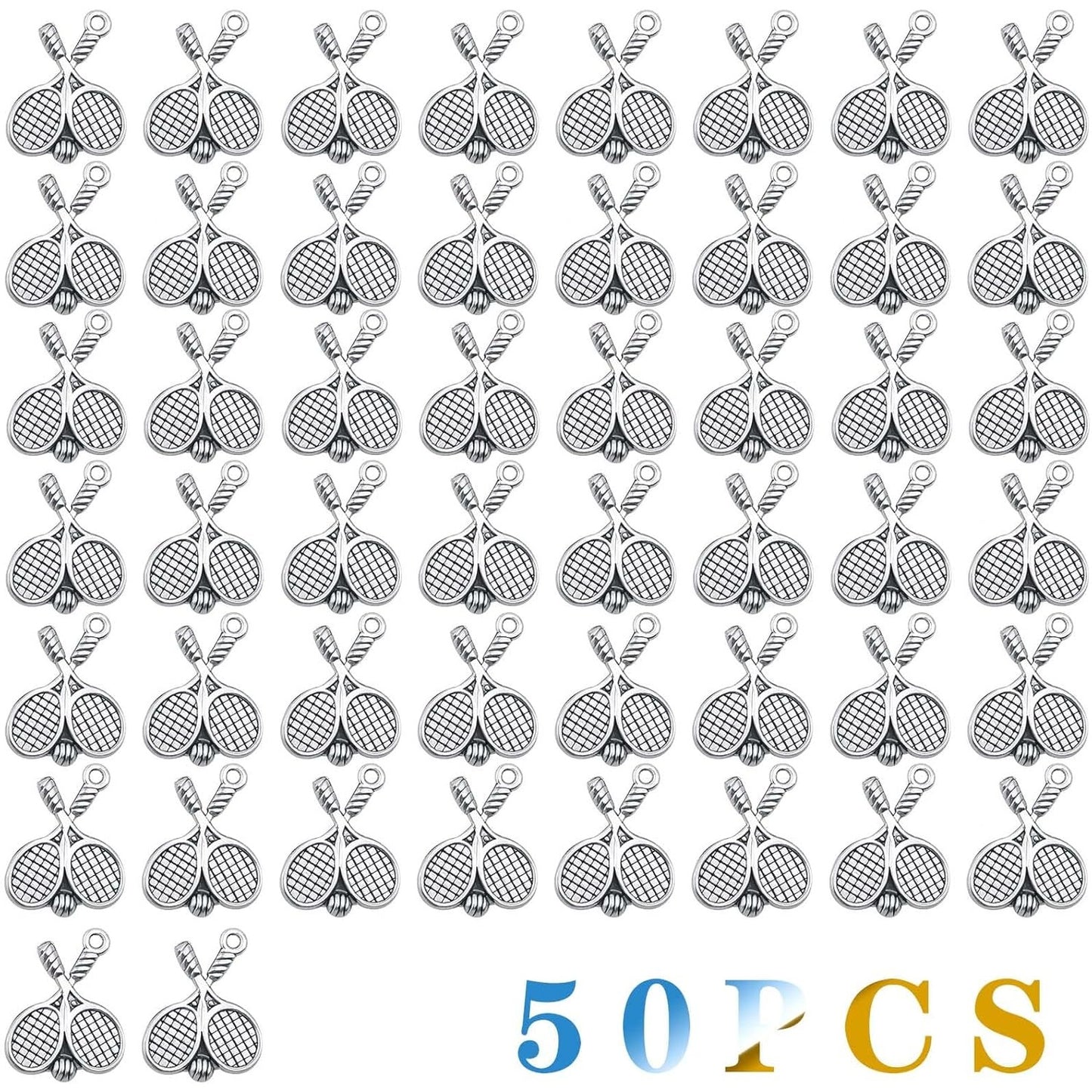 50pcs Antique Silver Tennis Racket Pendant Charms Tibetan Style Alloy Tennis Badminton Racket Pendants Accessories for DIY Bracelets Necklace Jewelry Craft Making