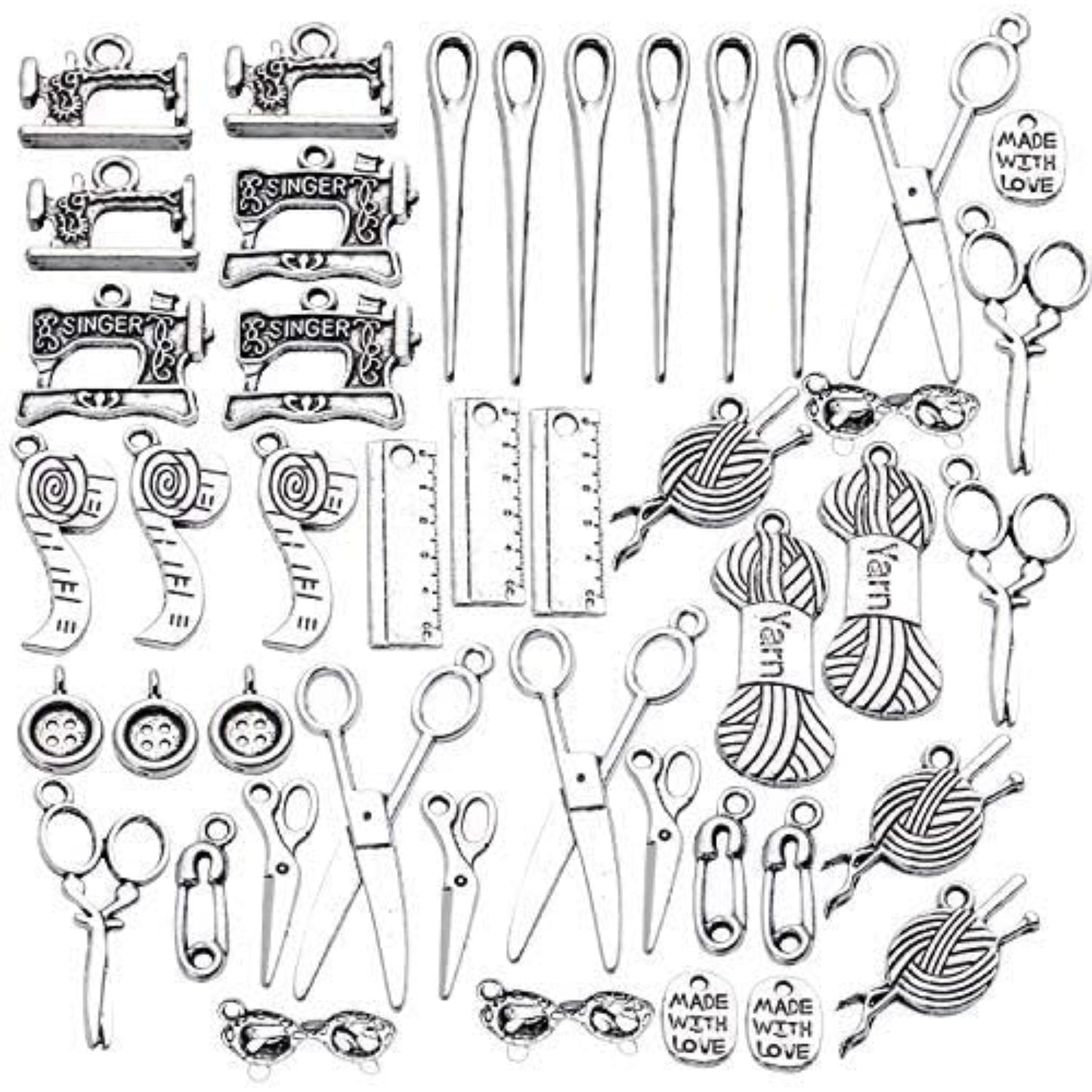 Sewing Charms Collection,44pcs Antique Silver Sewing Charms Scissor Pipe Yarn Clew Button Pendant Jewelry Making Findings for Necklace Bracelet Scrapbooking