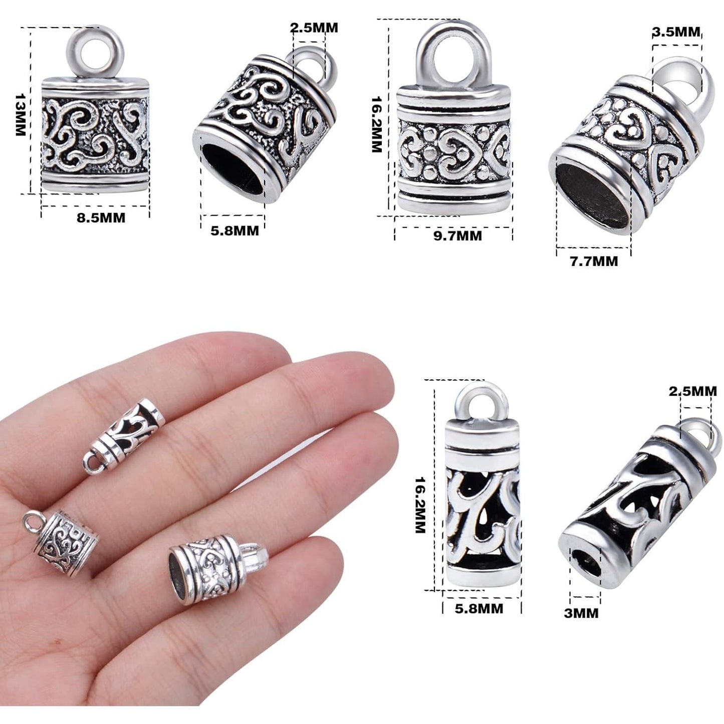 60pcs Antique Silver Cord End Caps Tibetan Alloy Flower Patterns Glue-in Tassel Leather End Caps Buckle Tips Accessories for DIY Craft Necklace Bracelet Jewelry Making, 3 Styles