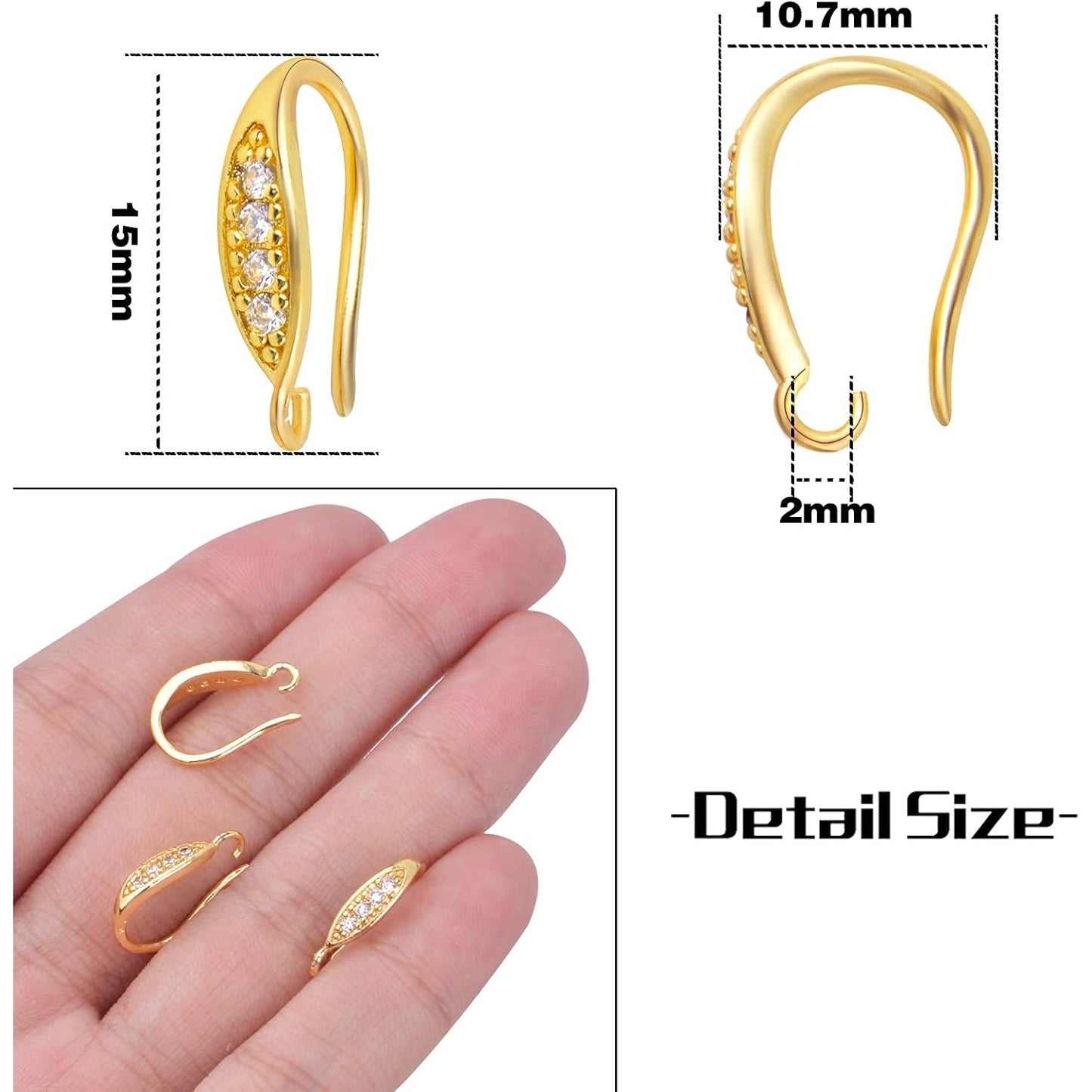 10pcs Brass Cubic Zirconia Earring Hooks Hypoallergenic Rhinestone Ear Wire Hooks with Dangle Loop Connectors for DIY Earrings Jewelry Making Findings, Rose Golden