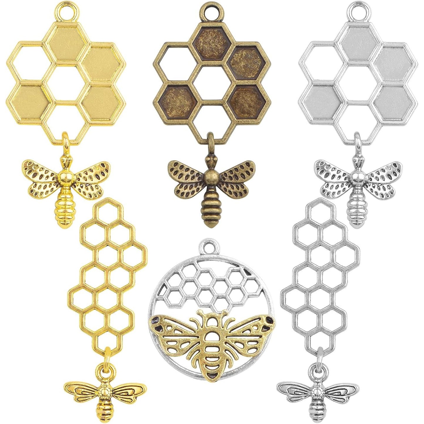 12pcs 3D 3 Styles Honey Comb Bee Charms Alloy Honeybee Honeycomb Pendants Hollow Flying Animal Insect Dangle Charms Ornaments for DIY Bracelet Necklace Keychains Craft Supplies