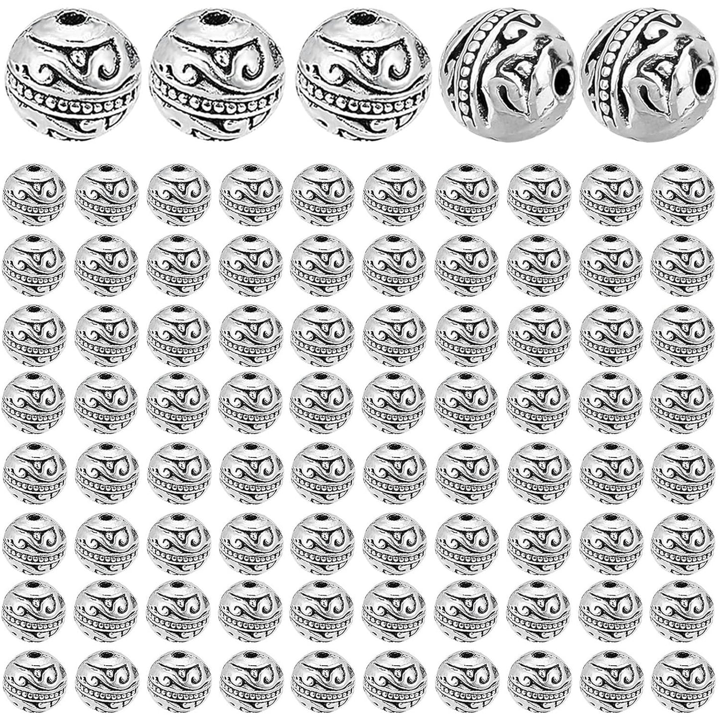 100pcs Antique Silver Round Spacer Beads Tibetan Alloy Ball Loose Bead Charms Metal Spacers Craft Accessories for DIY Bracelet Necklace Earrings Jewelry Making, 8 Mm