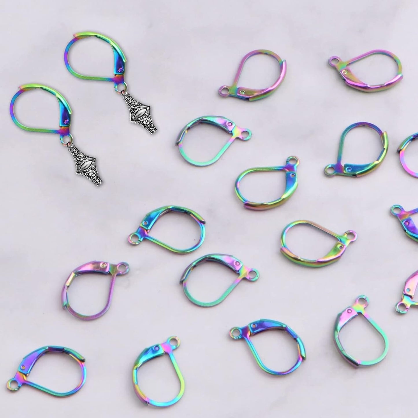 50pcs Stainless Steel Leverback Earring Hooks Hypoallergenic D Shape French Earwire Hooks Dangle Earring Findings for DIY Jewelry Making Supplies, Rainbow Color