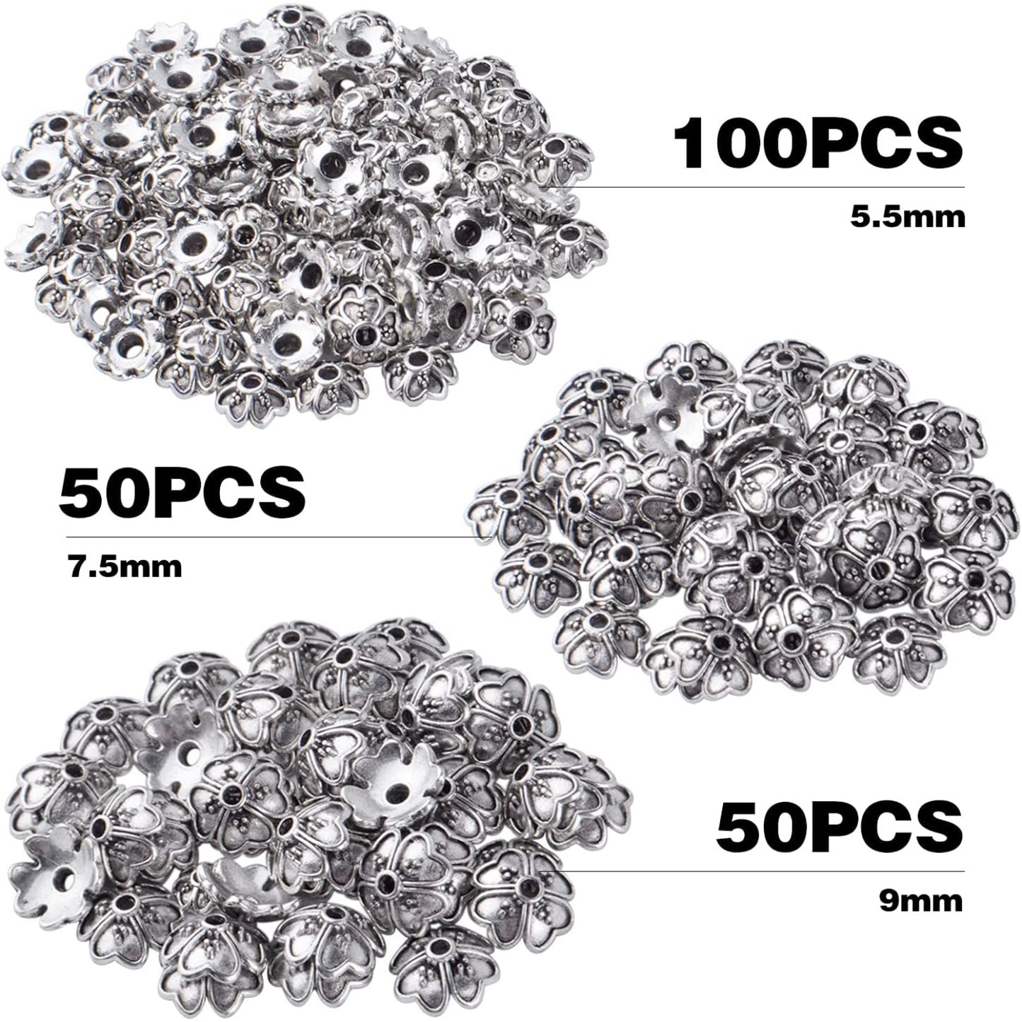 Spacer Beads Caps, 200pcs Antique Silver Flower Bead Caps Alloy Bead End Caps Flower Spacers Beads Craft Supplies for Jewelry DIY Earrings Bracelet Making Accessories, 3 Sizes