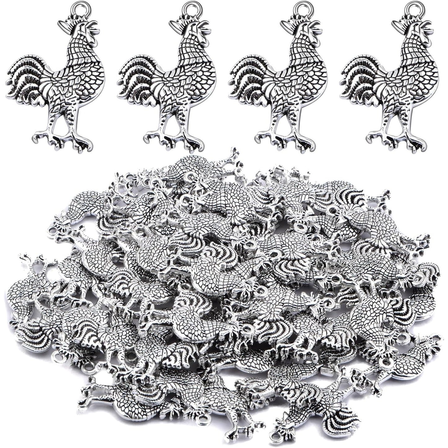 50pcs Antique Silver Rooster Cock Chicken Charms Vintage Alloy Chicken Farm Animal Rooster Shape Dangle Pendants for DIY Bracelets Necklaces Jewelry Making Findings