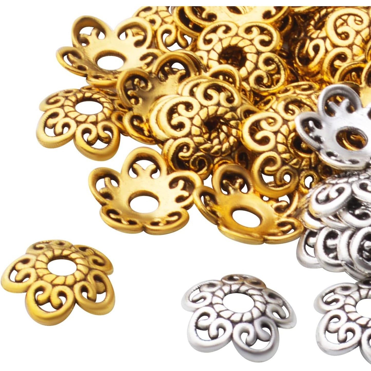 200pcs 12mm Flower Beads Tibetan Alloy Spacer Bead Cap Jewelry Flower Caps Loose Bead for DIY Jewelry Bracelet Making,Antique Gold and Antique Silver