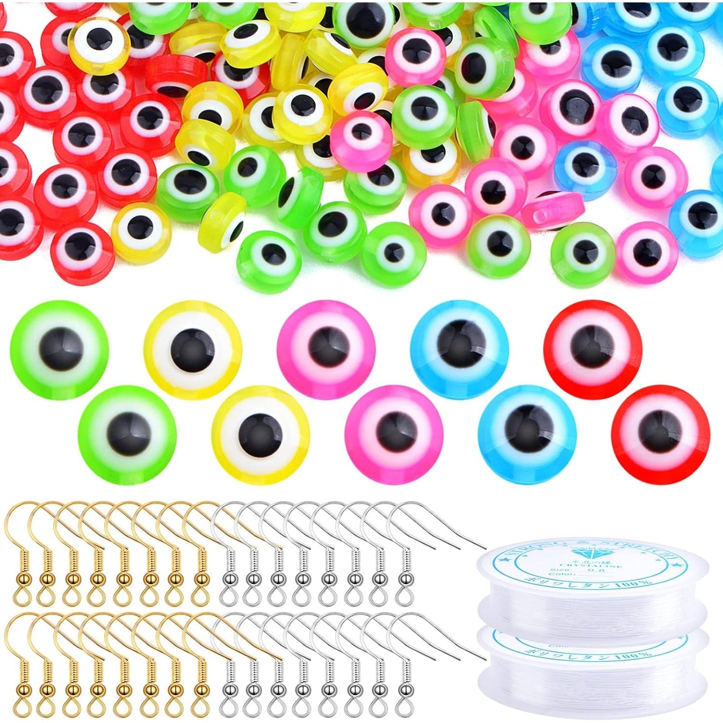 250pcs 8 mm Colorful Evil Eye Beads Round Resin Evil Eye Beads with 100pcs French Earring Hooks and 2 Roll of Crystal Thread Kits for DIY Bracelet Earrings Jewelry Making Findings