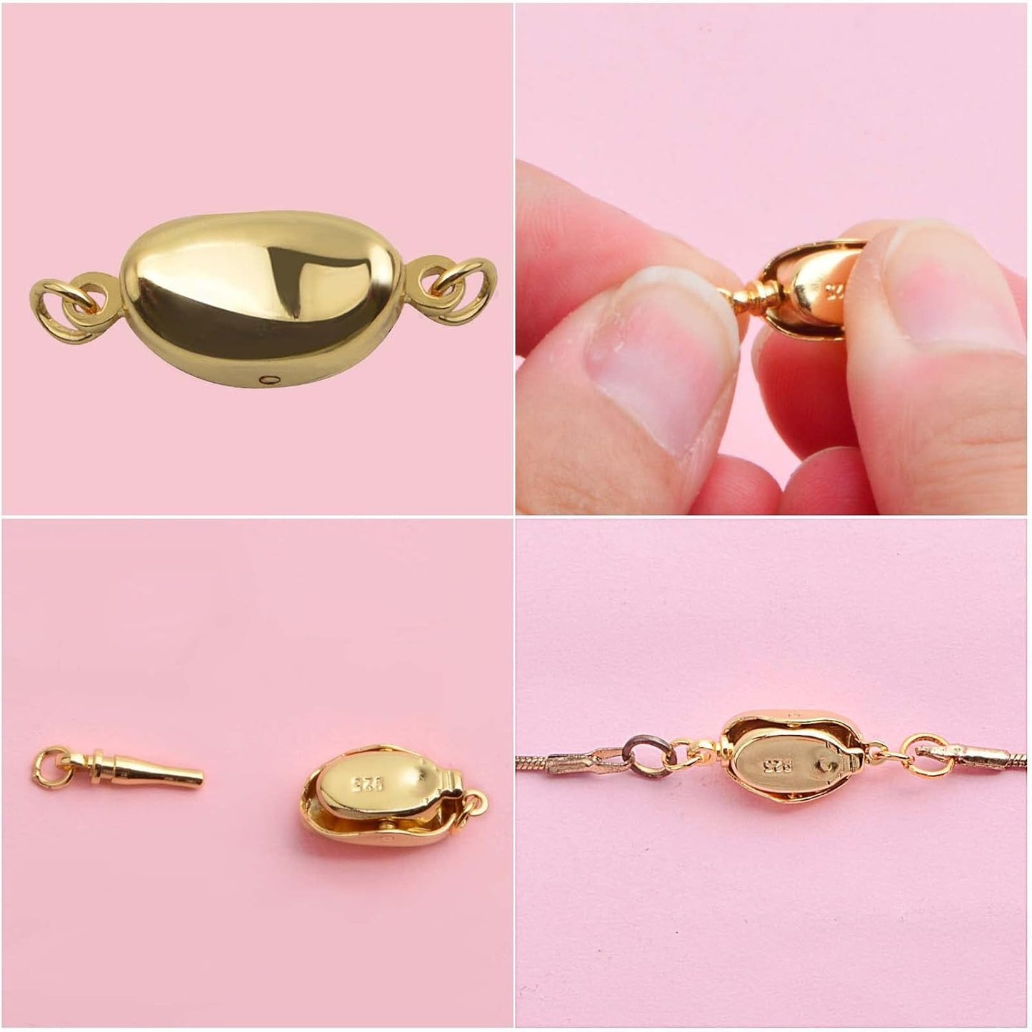3 Pieces Pearl Locking Necklace Clasps Brass Oval Clasp Converter Closures Connector Chain Extenders for Necklace Bracelet Anklet Jewelry Making, 3 Colors