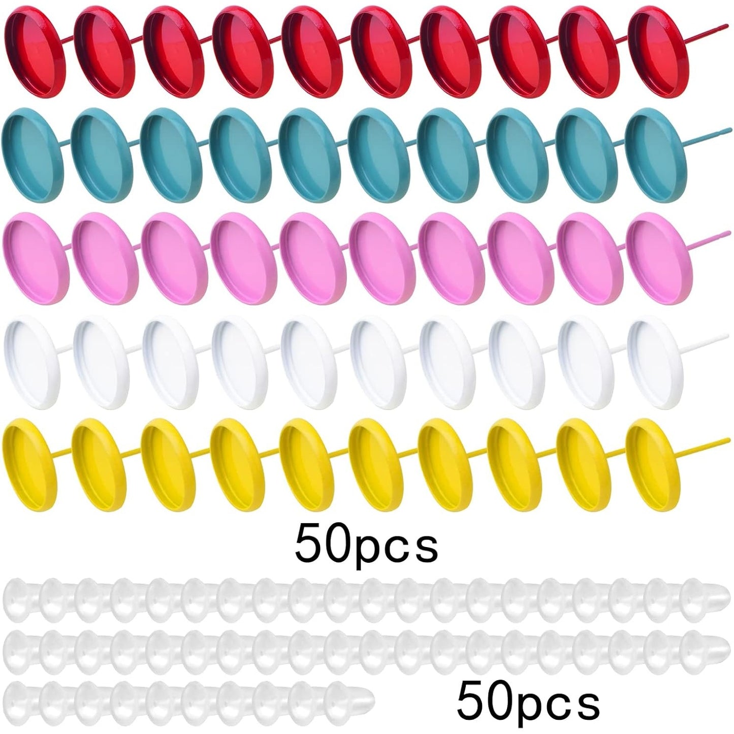 50 Pieces Blank Stud Earring Bezel Post Cup Round Cabochon Settings and 50 Pieces Earring Safety Backs for DIY Earrings Jewelry Making Fingdings, 5 Colors