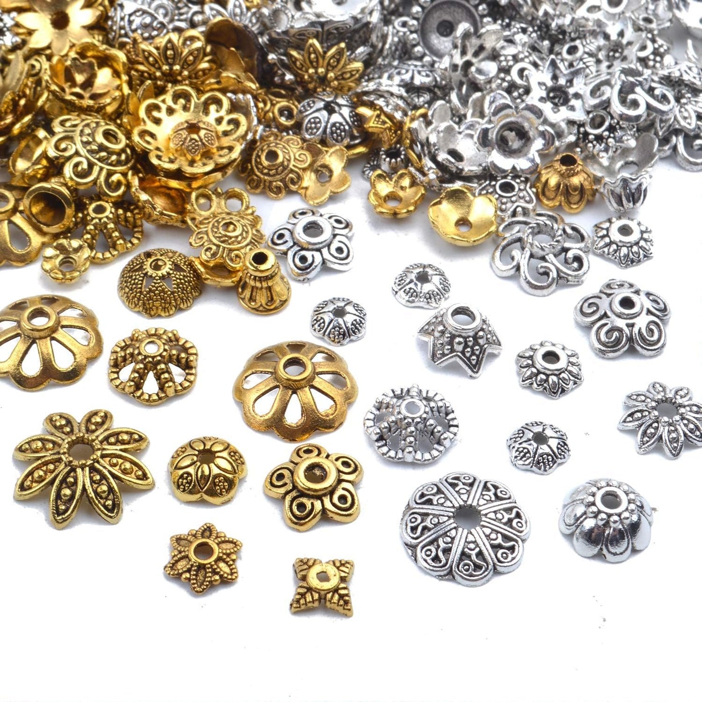100g (200-350pcs) Mixed Metal Flower Bead Caps Spacer Beads Bali Style Jewelry Findings for DIY Crafting Jewelry Making, Antique Gold and Antique Silver