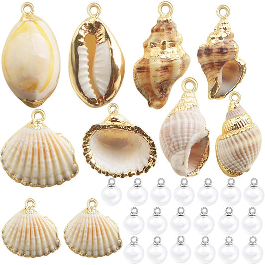 10pcs 5 Styles Natural Beach Shell Conch Seashell Charms Pendants and 30pcs 8 mm White Pearls Handmade Beads Set for Women DIY Crafts Jewelry Making Decoration Gift