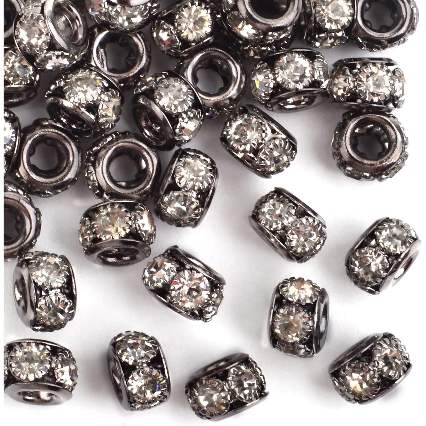 40pcs Large Hole Rhinestone Spacer Beads European Rondelle Loose Beads Accessories for DIY Bracelet Snake Chain Charm Jewelry Making Decor, Hole: 3.9 mm, Gun Black