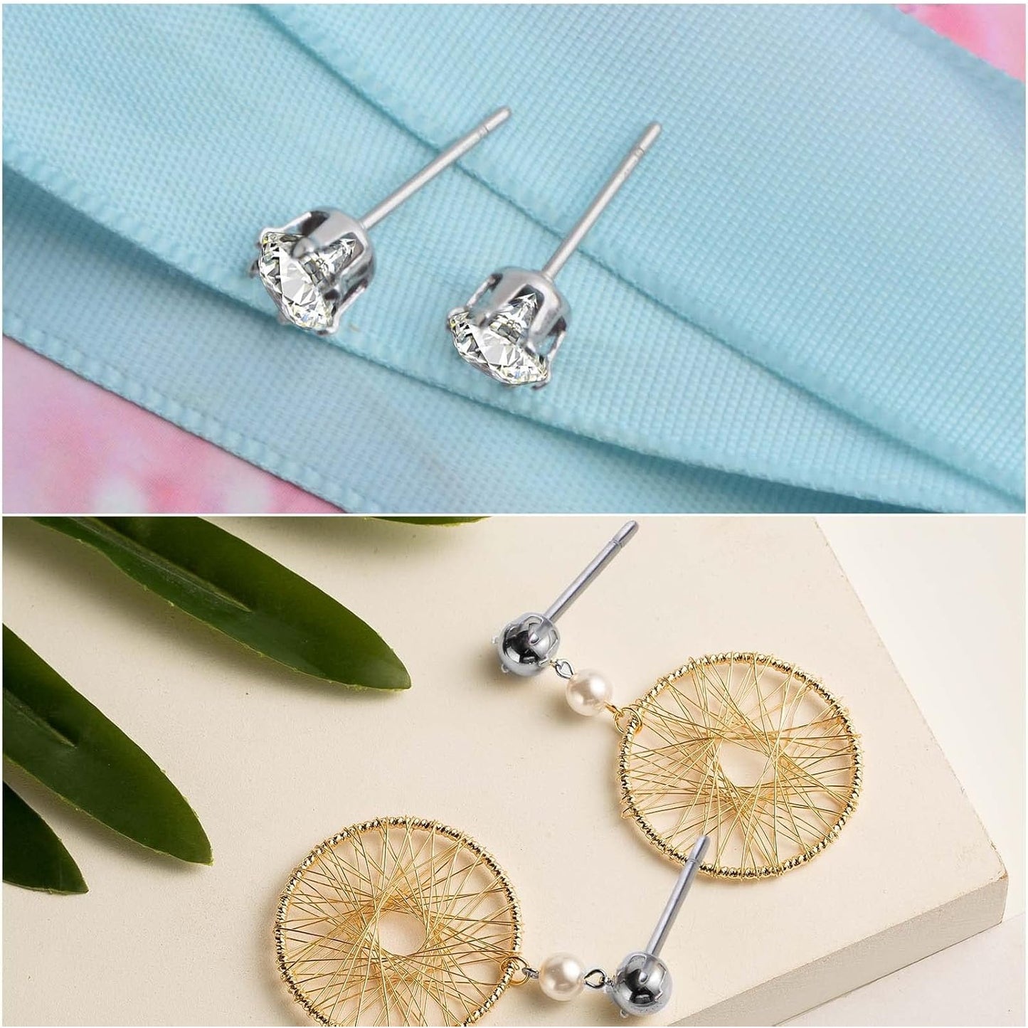 40pcs Stainless Steel Earring Posts Hypoallergenic Crown Piercing Earring Studs and 40pcs Clear Bullet Earring Backs for Women Girls DIY Dangle Jewelry Making, 4 Sizes