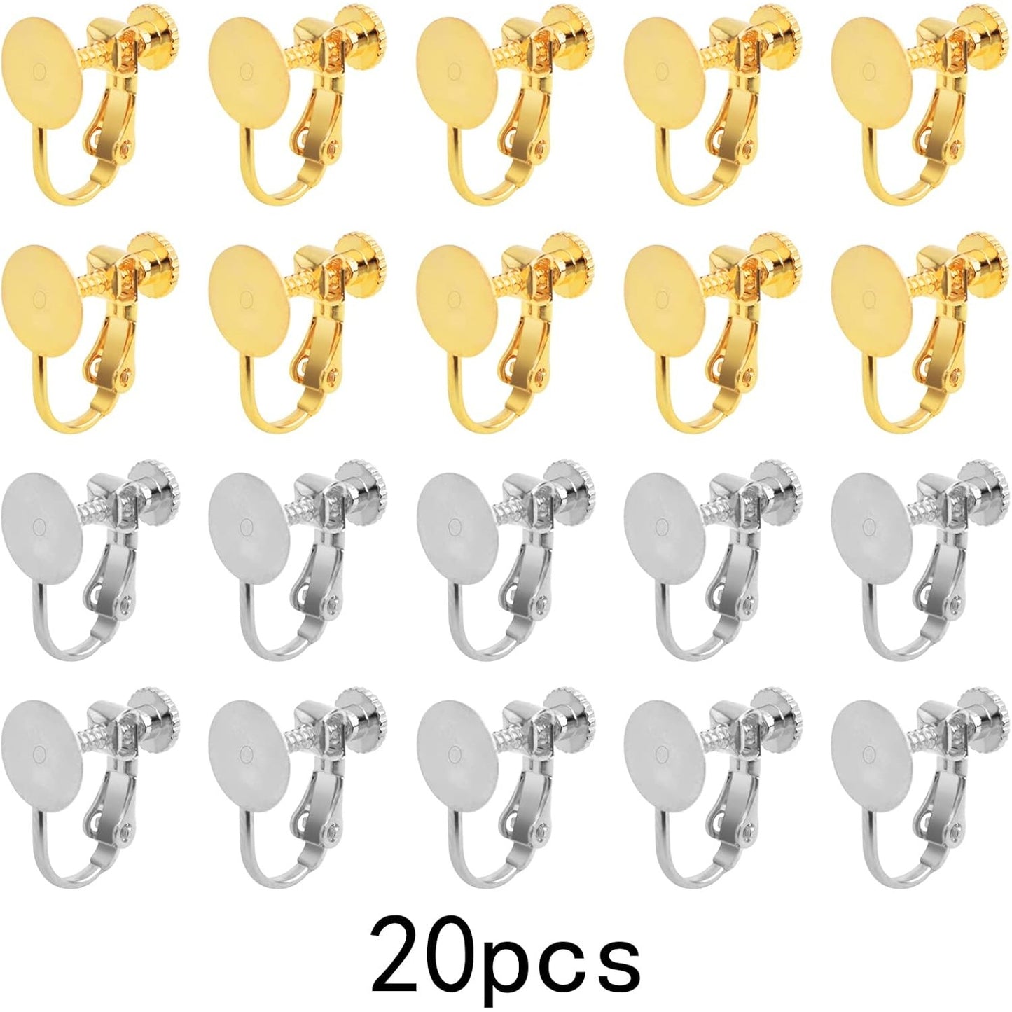 20pcs Stainless Steel Screw Clip-on Earring Converters Components Hypoallergenic Flat Round Earring Bezel Tray Clips for Non-Pierced Ears DIY Earrings Making, 2 Colors