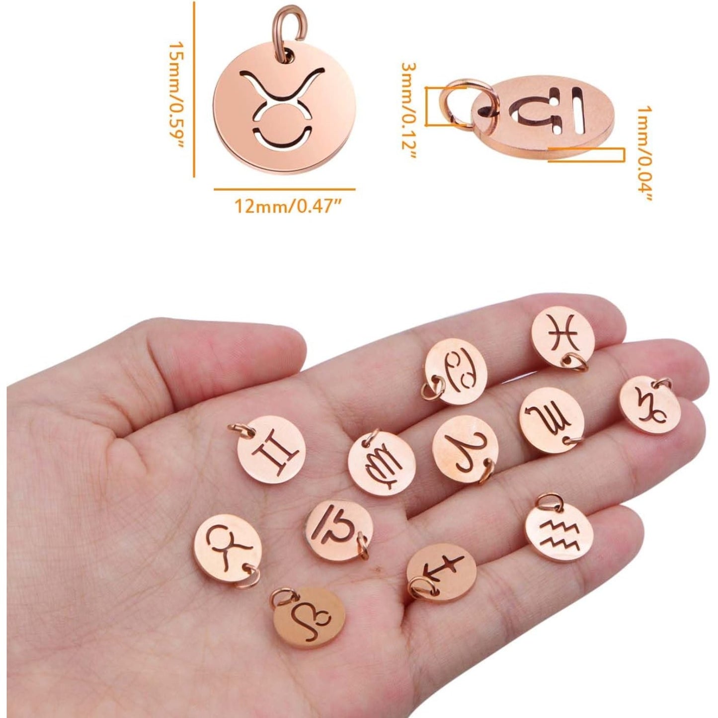 12pcs Stainless Steel Flat Round 12 Constellations Charms Hypoallergenic Zodiac Sign Pendants with Rings for DIY Necklaces Earrings Crafts Jewelry Making, Rose Golden