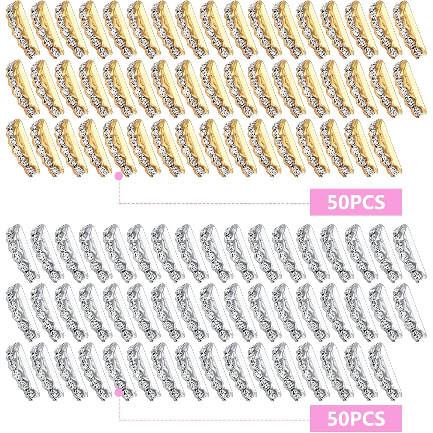 100pcs Rhinestone Spacer Bar Beads 3 Holes Alloy Half Round Crystal Spacers Link Connectors Beads for DIY Multi Strand Bracelet Crafts Jewelry Making, Gold and Silver, 19 mm x 7.5 mm