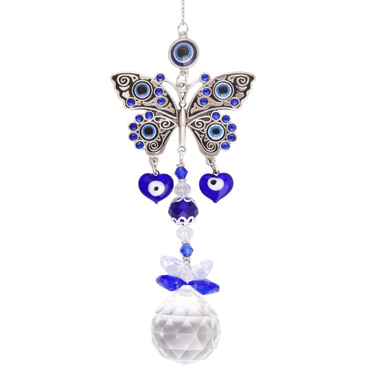 1pcs Blue Evil Eye Suncatcher Butterfly Hanging Crystal Ornament Protection Charm Prism Pendant Sun Catcher Car Ornaments Accessories for Home Office Garden Window Wall Decor