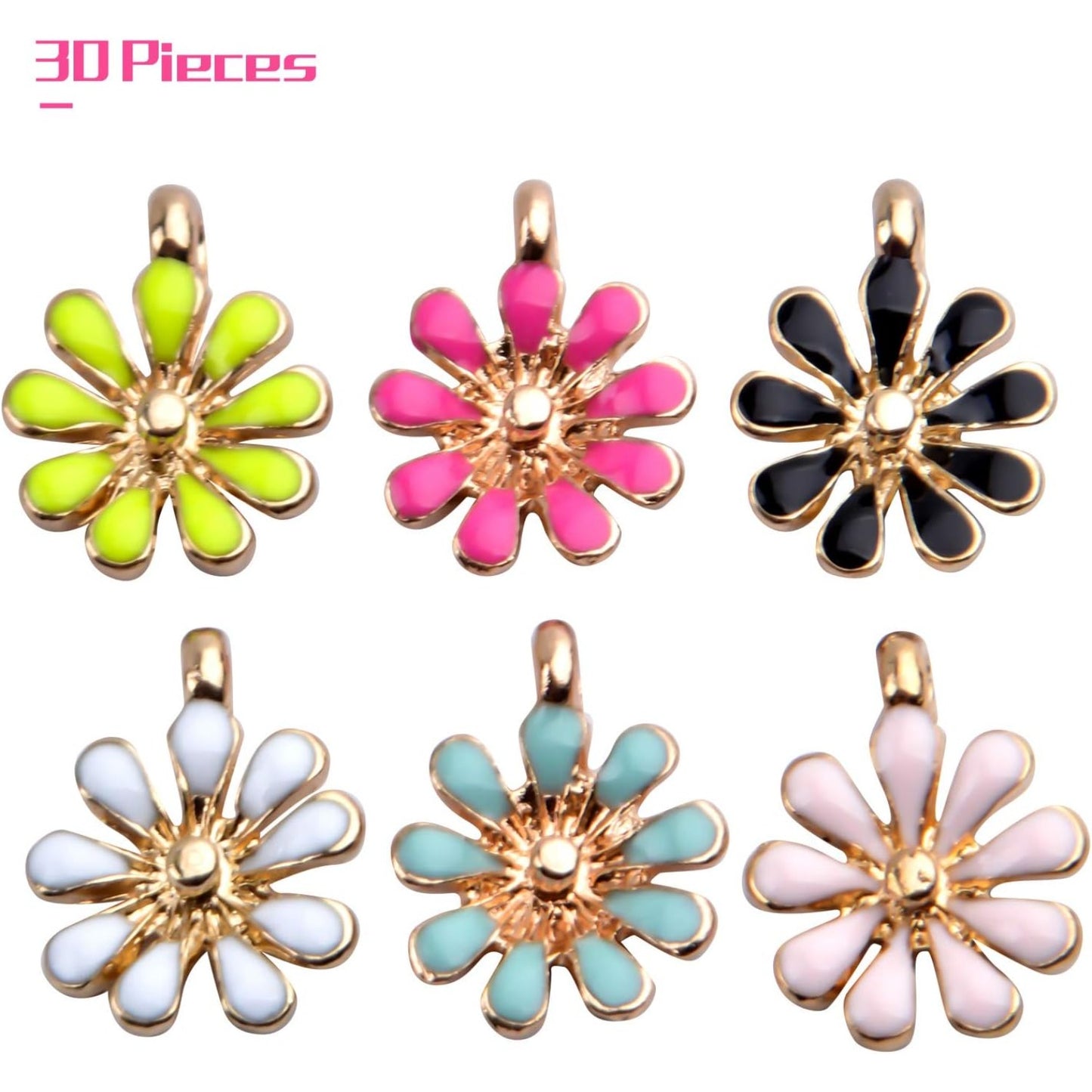30pcs Enamel Flower Charms, Daisy Flower Pendants, 6 Colors, 12*15mm, Jewelry Findings for Necklace, Bracelet, Earrings, Crafting