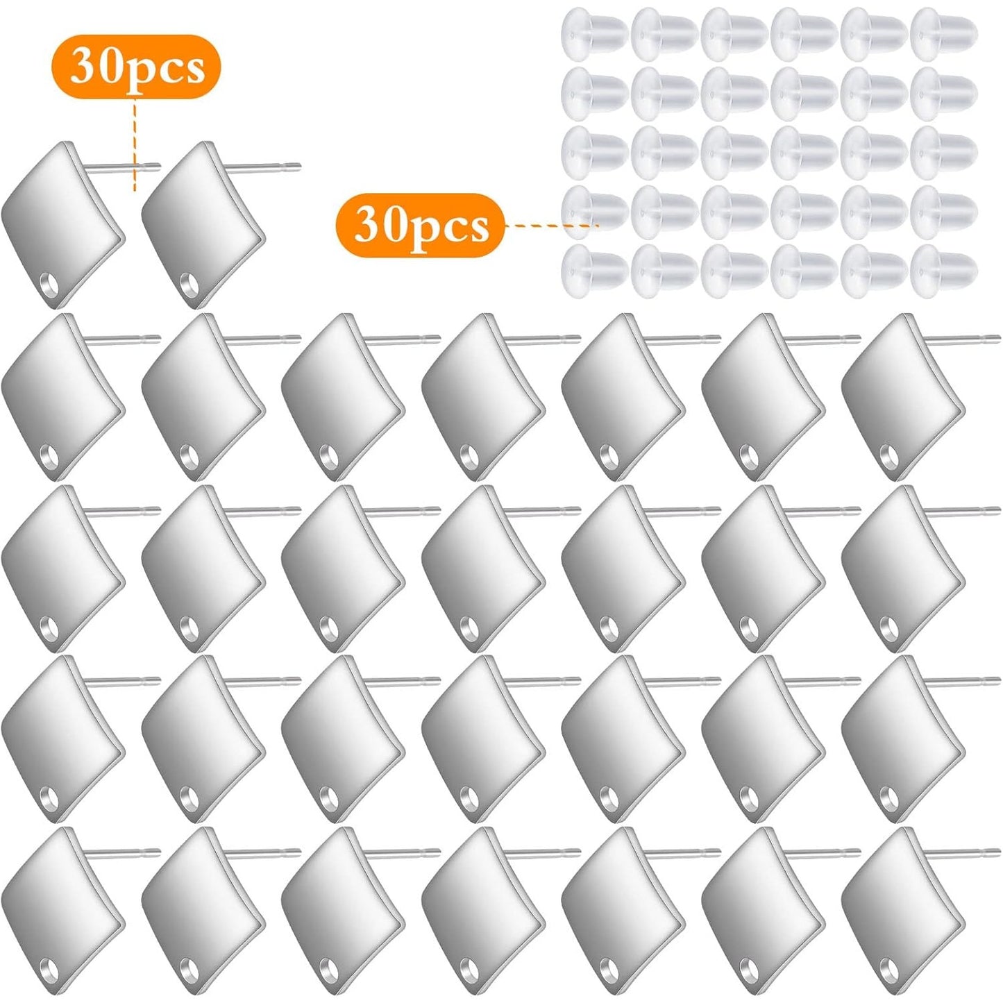30pcs Stainless Steel Stud Earrings Settings Square Flat Blank Earring Posts Studs with Loop and 30pcs Silicone Bullet Ear Backs Stoppers for DIY Jewelry Making, Silver