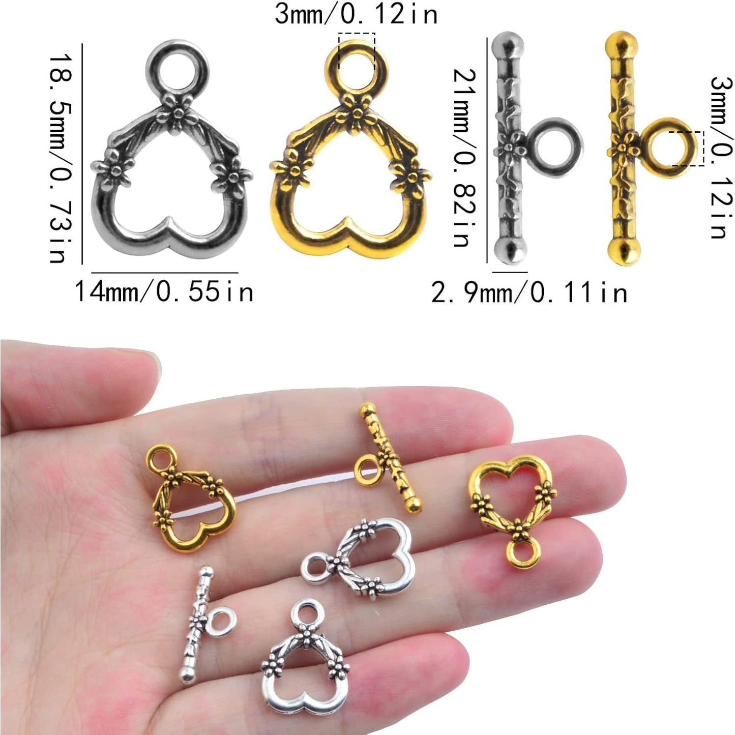40 Sets Antique Alloy Toggle Clasps T-bar Closure Clasps Flower Heart Clasps Fastener Toggle End Clasps Connectors for Necklace Bracelet Jewelry Making Supplies, 2 Colors