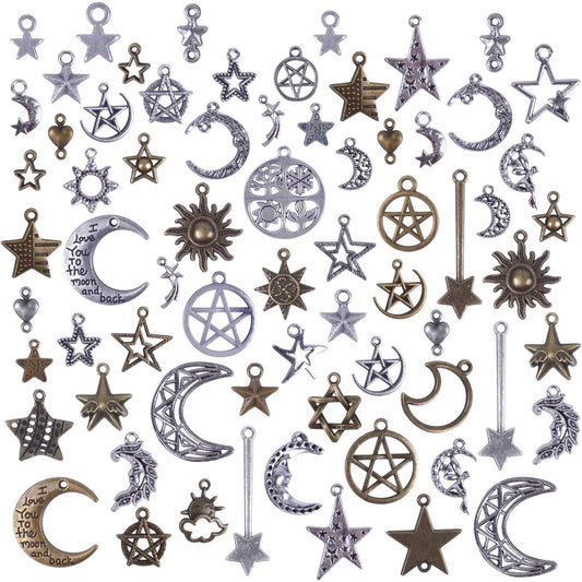 100 Gram(Approx 73 Pieces) Mixed Sun Moon Star Charms Antique Celestial Charms Pendants for Bracelets, Necklaces, Crafts and Jewelry Making, Assorted Colors