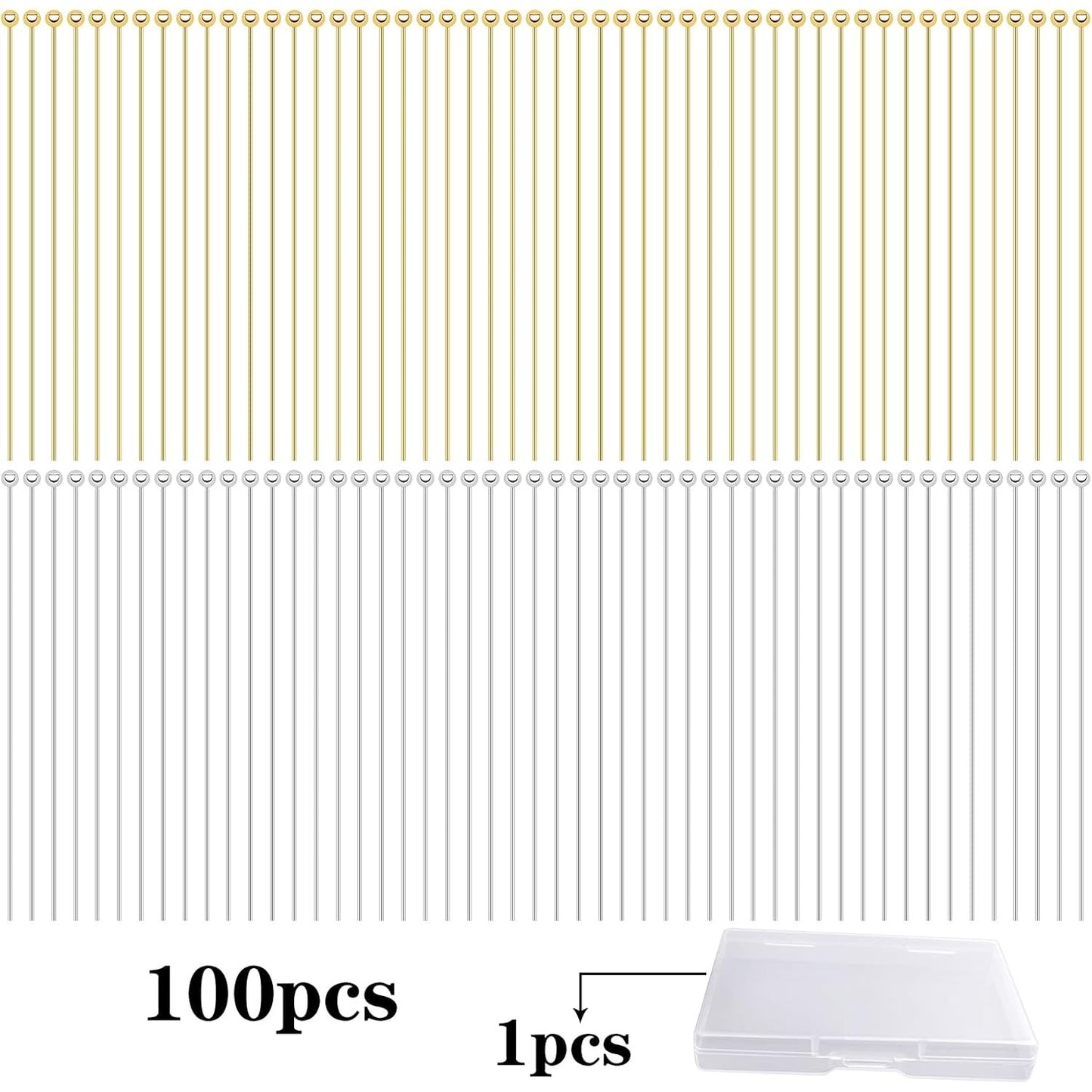 100pcs 50 mm Stainless Steel Long Head Pins Hypoallergenic Ball Head Pins Straight Craft Head Pins Needles with Plastic Box for DIY Bracelet Necklace Earrings Jewelry Making, 2 Colors