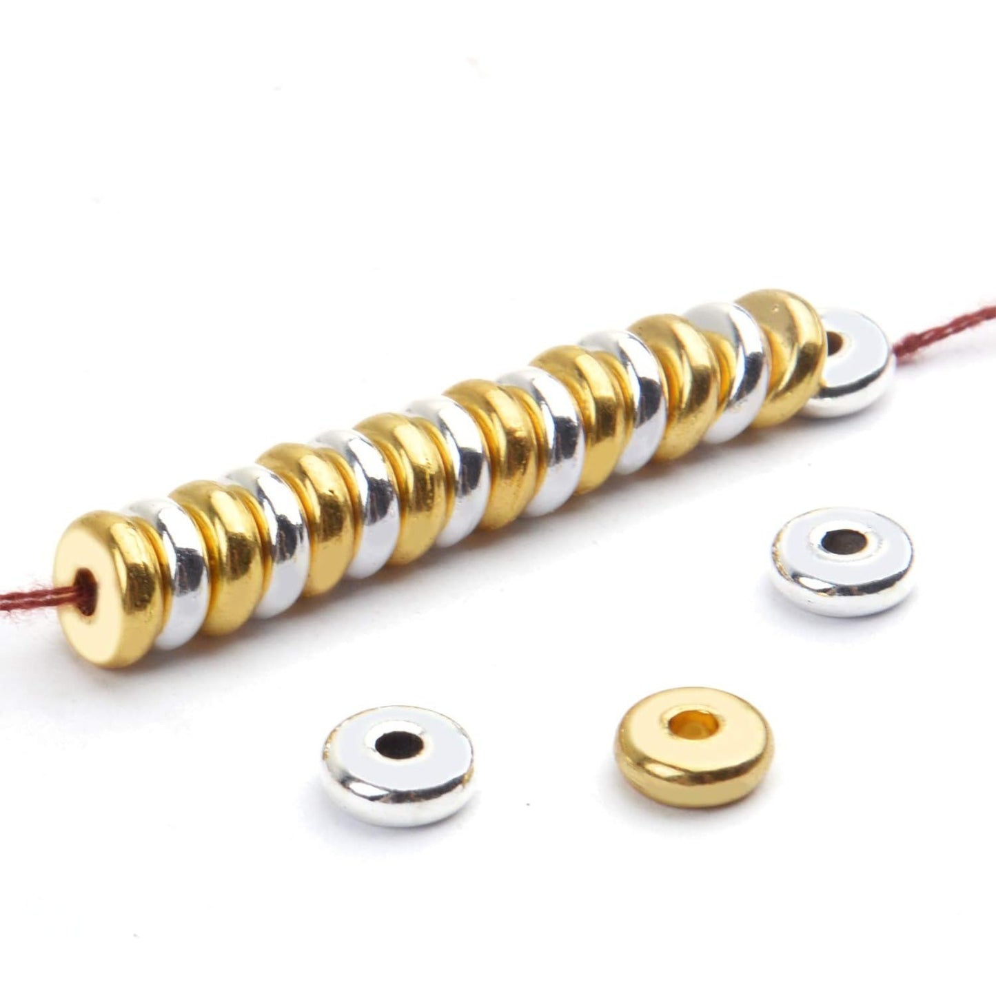 200pcs 8mm Flat Round Rondelle Spacer Beads Disc Spacers Loose Beads Jewelry Metal Spacers for DIY Bracelet Necklace Crafts,Gold and Silver